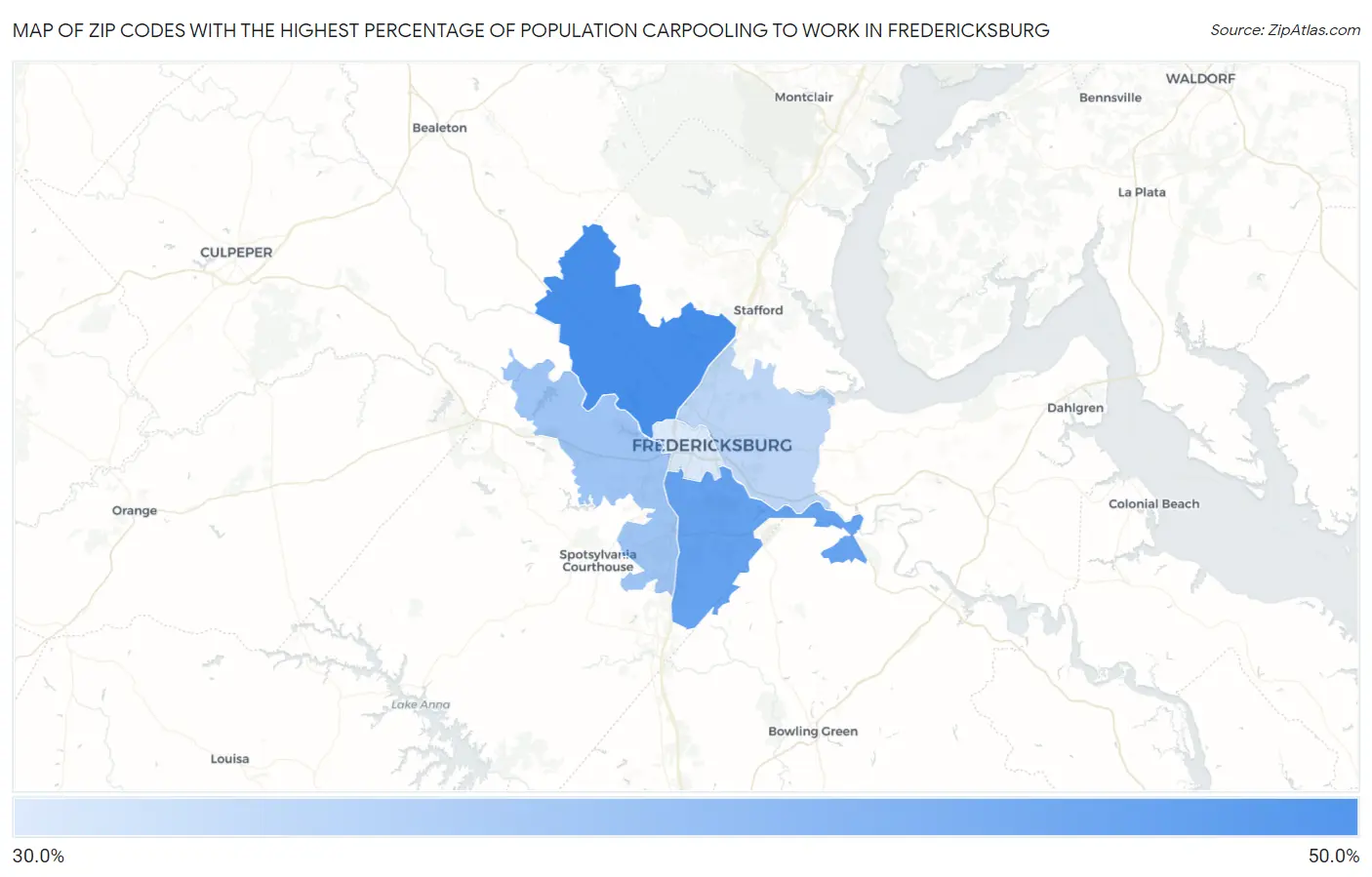 Zip Codes with the Highest Percentage of Population Carpooling to Work in Fredericksburg Map