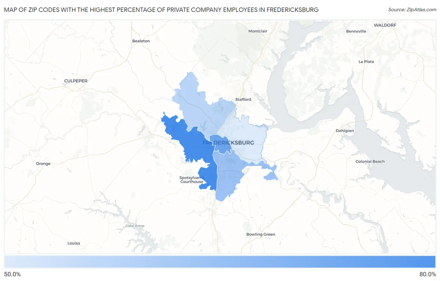 Zip Codes with the Highest Percentage of Private Company Employees in Fredericksburg Map