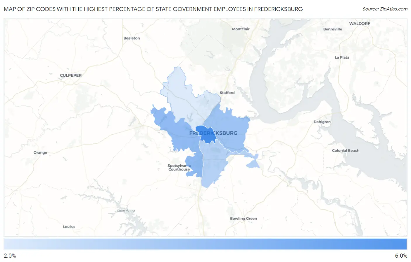 Zip Codes with the Highest Percentage of State Government Employees in Fredericksburg Map
