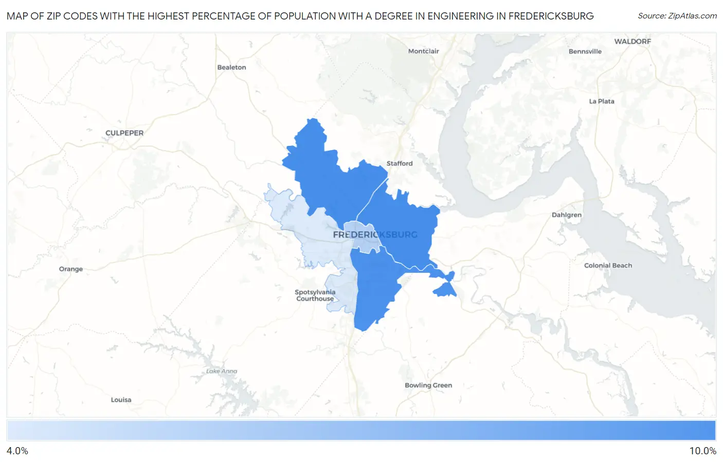 Zip Codes with the Highest Percentage of Population with a Degree in Engineering in Fredericksburg Map