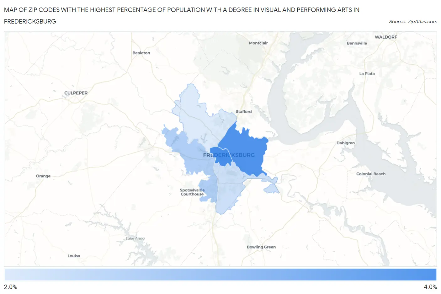 Zip Codes with the Highest Percentage of Population with a Degree in Visual and Performing Arts in Fredericksburg Map