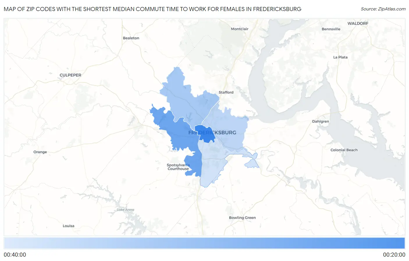 Zip Codes with the Shortest Median Commute Time to Work for Females in Fredericksburg Map