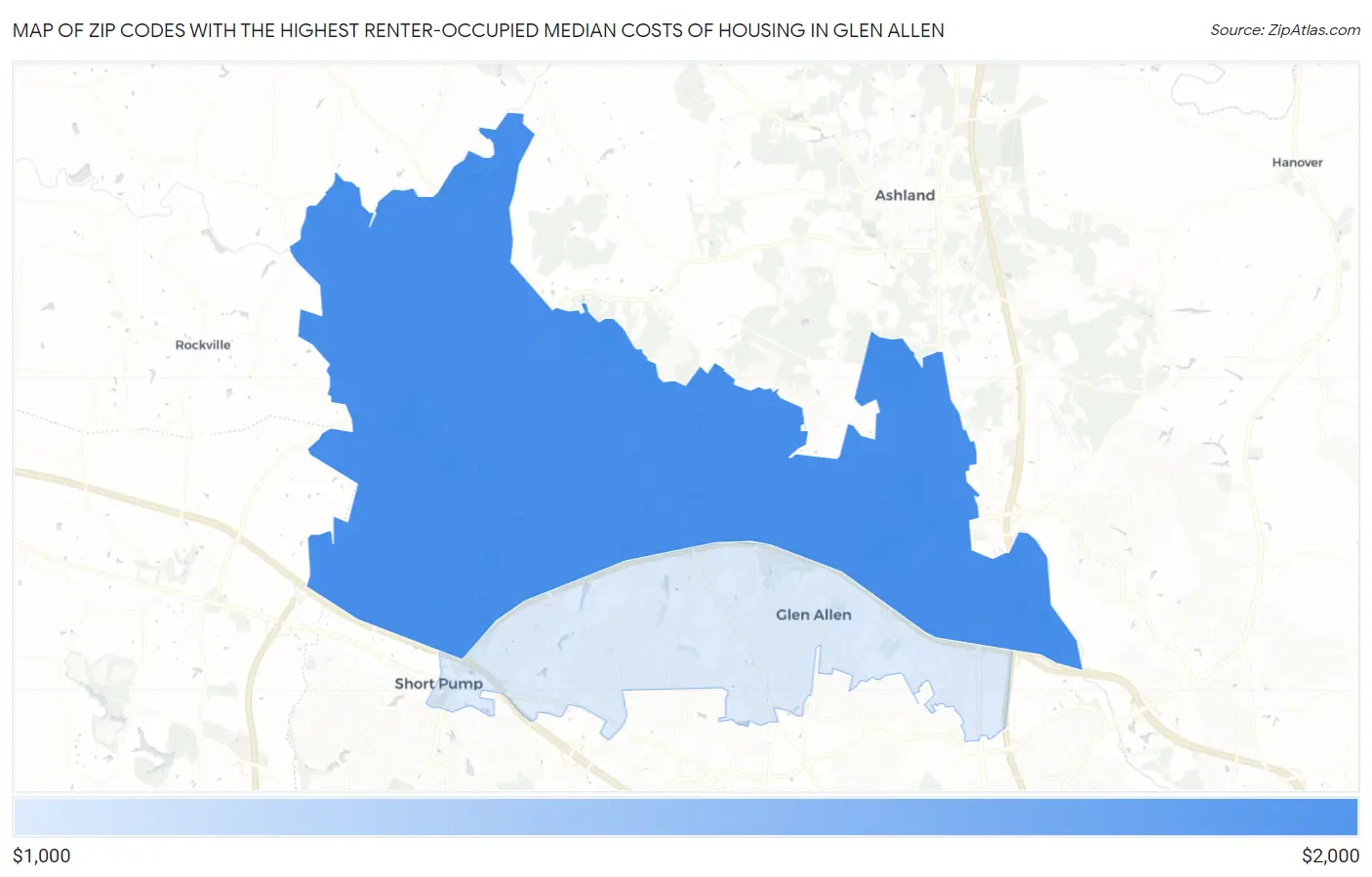 Zip Codes with the Highest Renter-Occupied Median Costs of Housing in Glen Allen Map