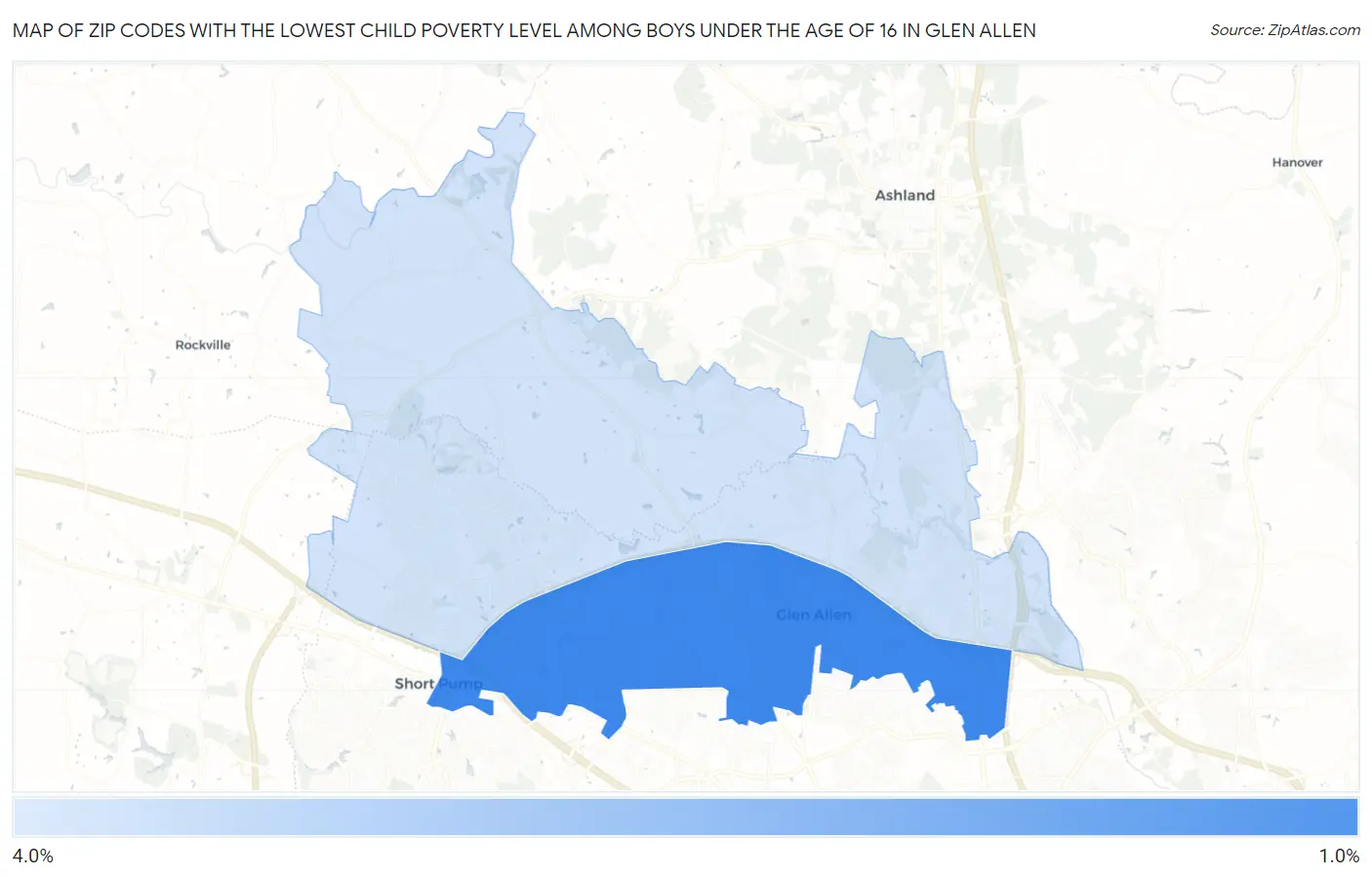Zip Codes with the Lowest Child Poverty Level Among Boys Under the Age of 16 in Glen Allen Map