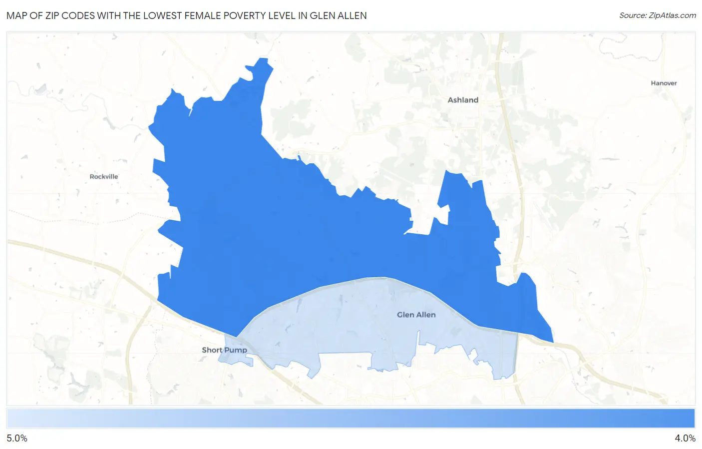 Zip Codes with the Lowest Female Poverty Level in Glen Allen Map