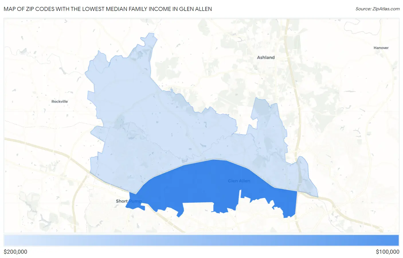 Zip Codes with the Lowest Median Family Income in Glen Allen Map