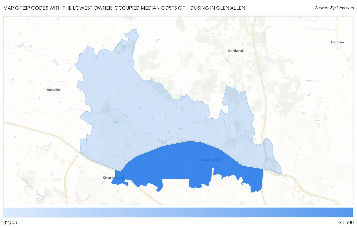 Zip Codes with the Lowest Owner-Occupied Median Costs of Housing in Glen Allen Map