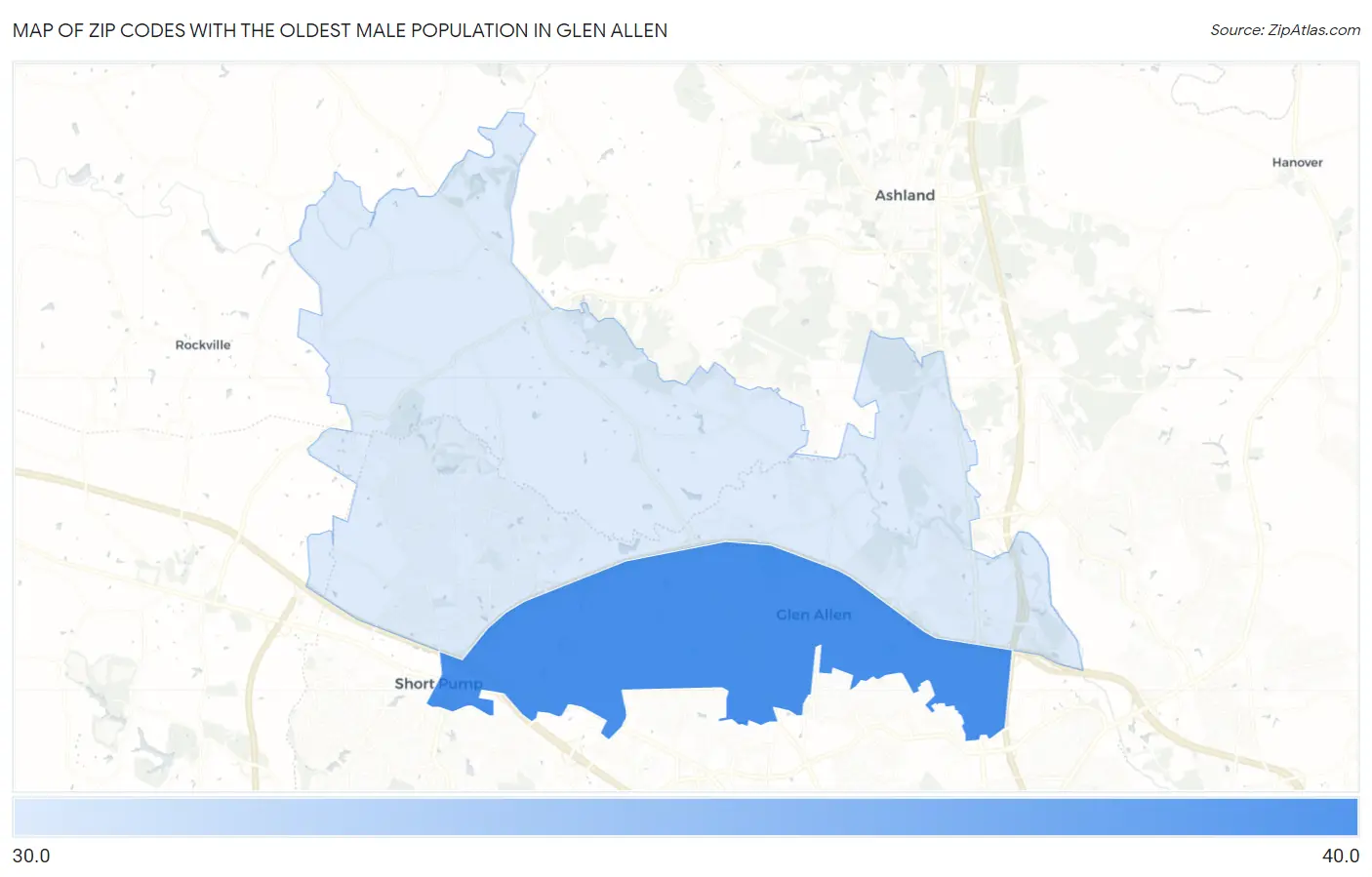 Zip Codes with the Oldest Male Population in Glen Allen Map