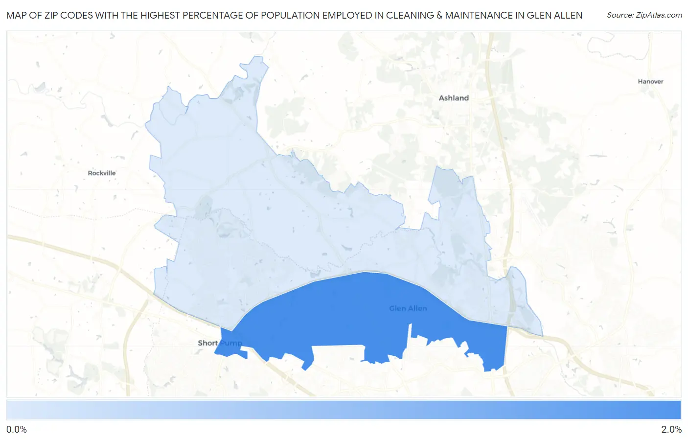 Zip Codes with the Highest Percentage of Population Employed in Cleaning & Maintenance in Glen Allen Map