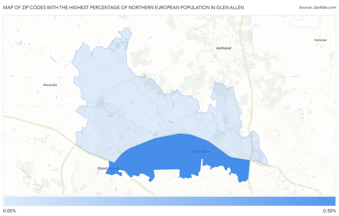 Zip Codes with the Highest Percentage of Northern European Population in Glen Allen Map