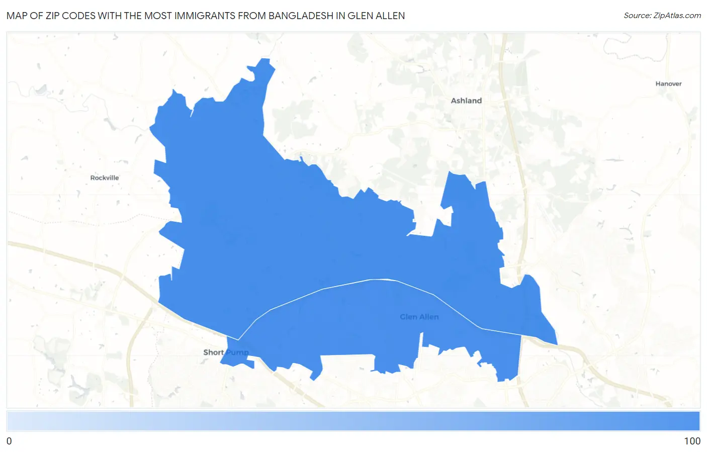 Zip Codes with the Most Immigrants from Bangladesh in Glen Allen Map