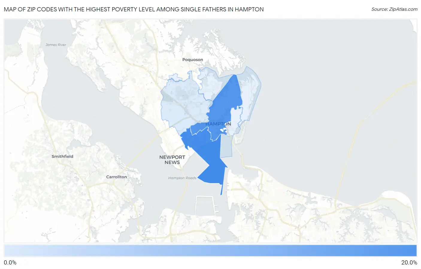 Zip Codes with the Highest Poverty Level Among Single Fathers in Hampton Map