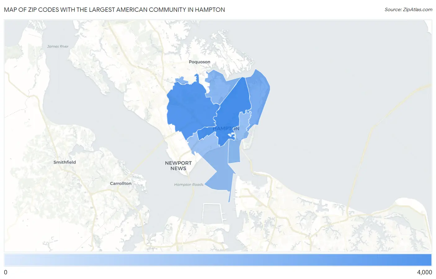 Zip Codes with the Largest American Community in Hampton Map