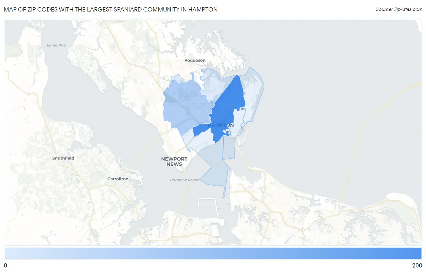 Zip Codes with the Largest Spaniard Community in Hampton Map