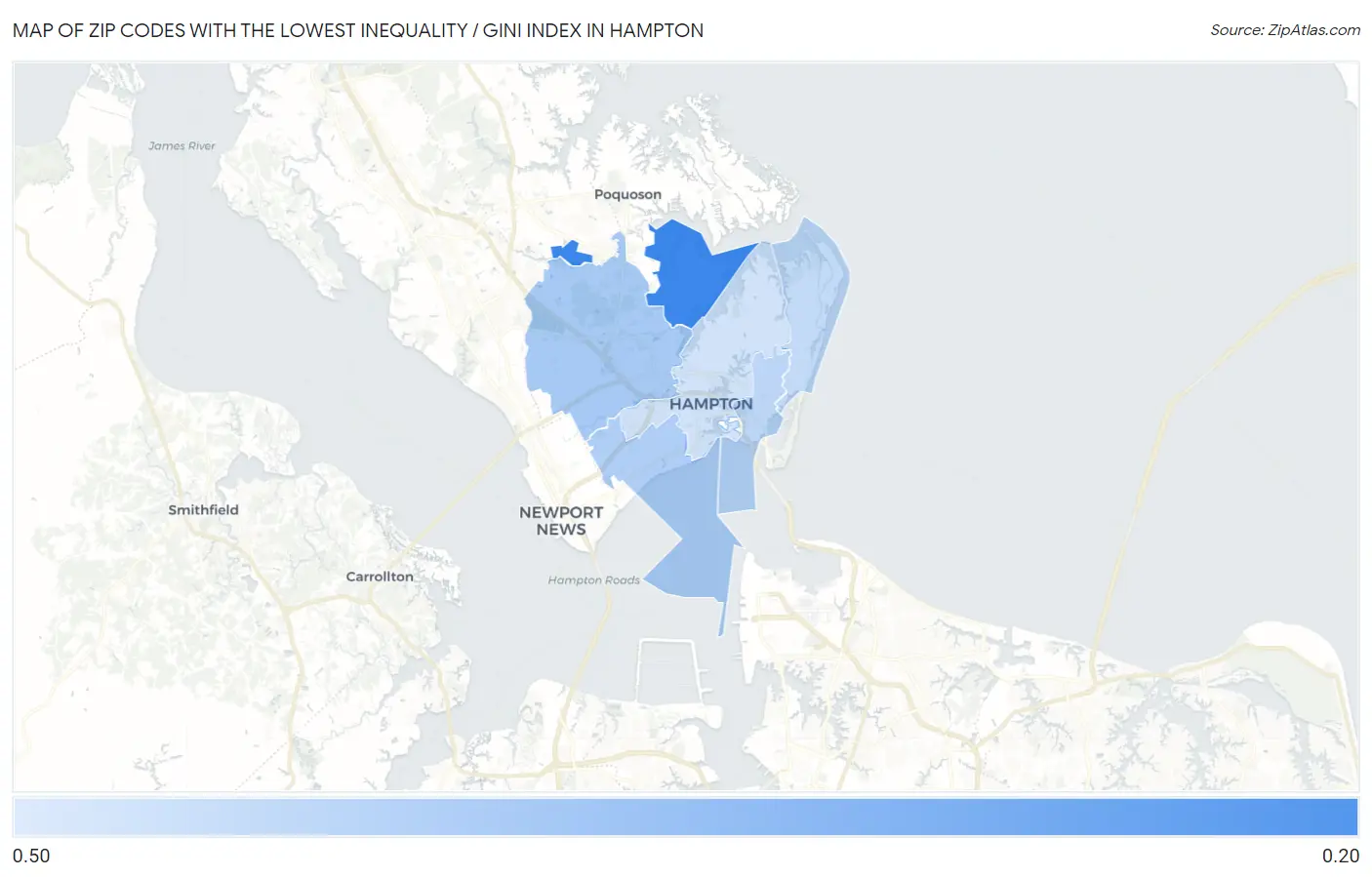 Zip Codes with the Lowest Inequality / Gini Index in Hampton Map