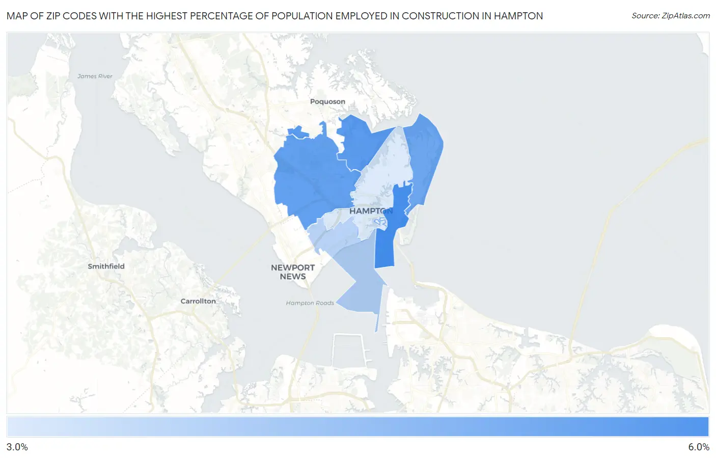 Zip Codes with the Highest Percentage of Population Employed in Construction in Hampton Map