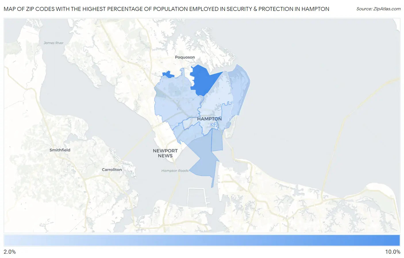 Zip Codes with the Highest Percentage of Population Employed in Security & Protection in Hampton Map