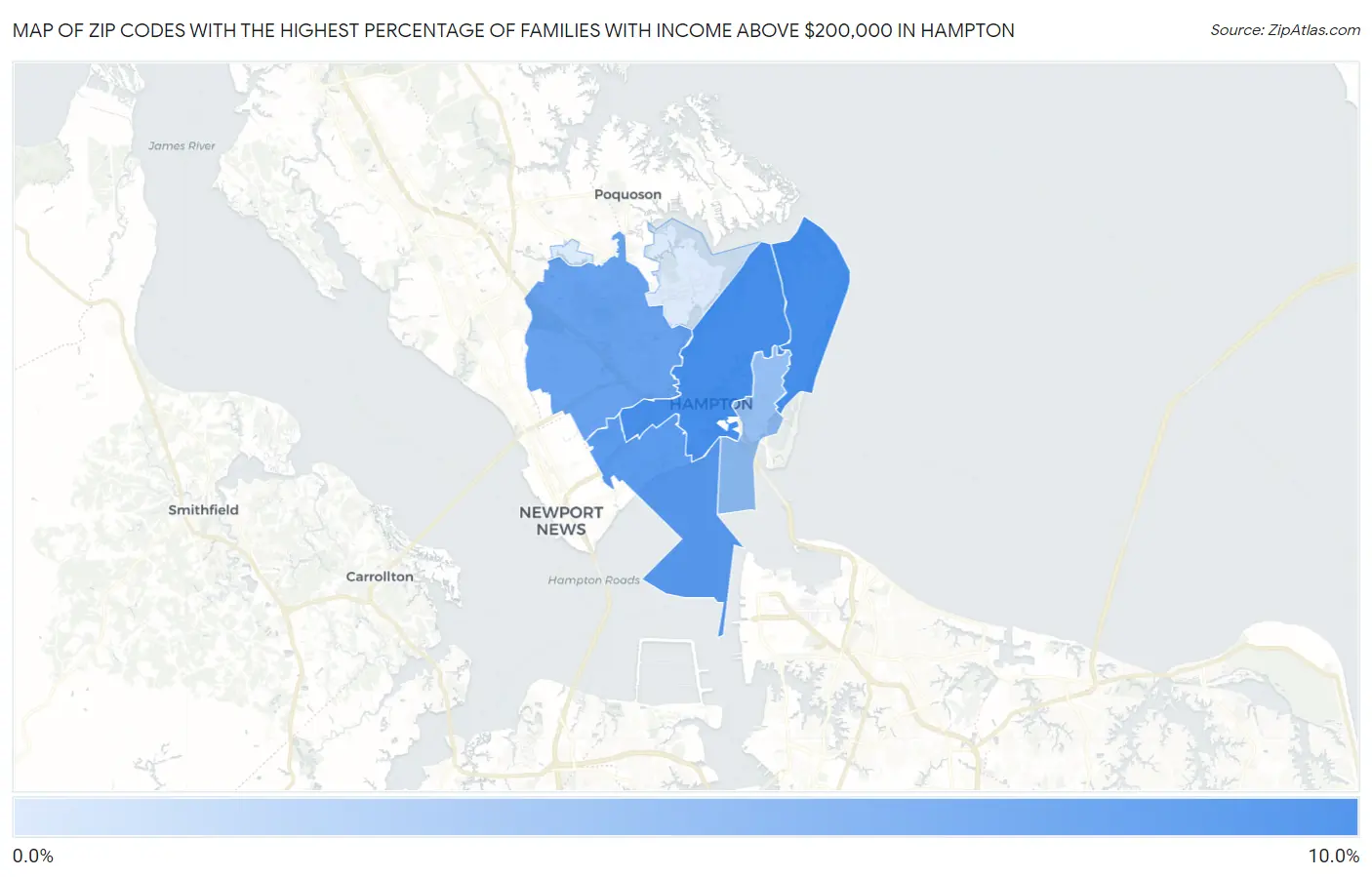 Zip Codes with the Highest Percentage of Families with Income Above $200,000 in Hampton Map