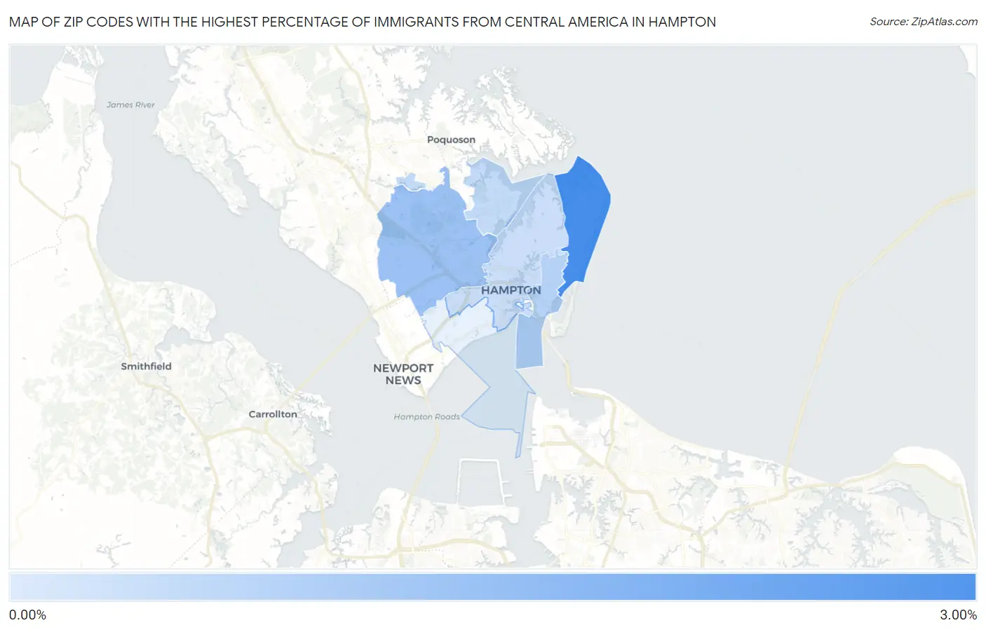 Zip Codes with the Highest Percentage of Immigrants from Central America in Hampton Map