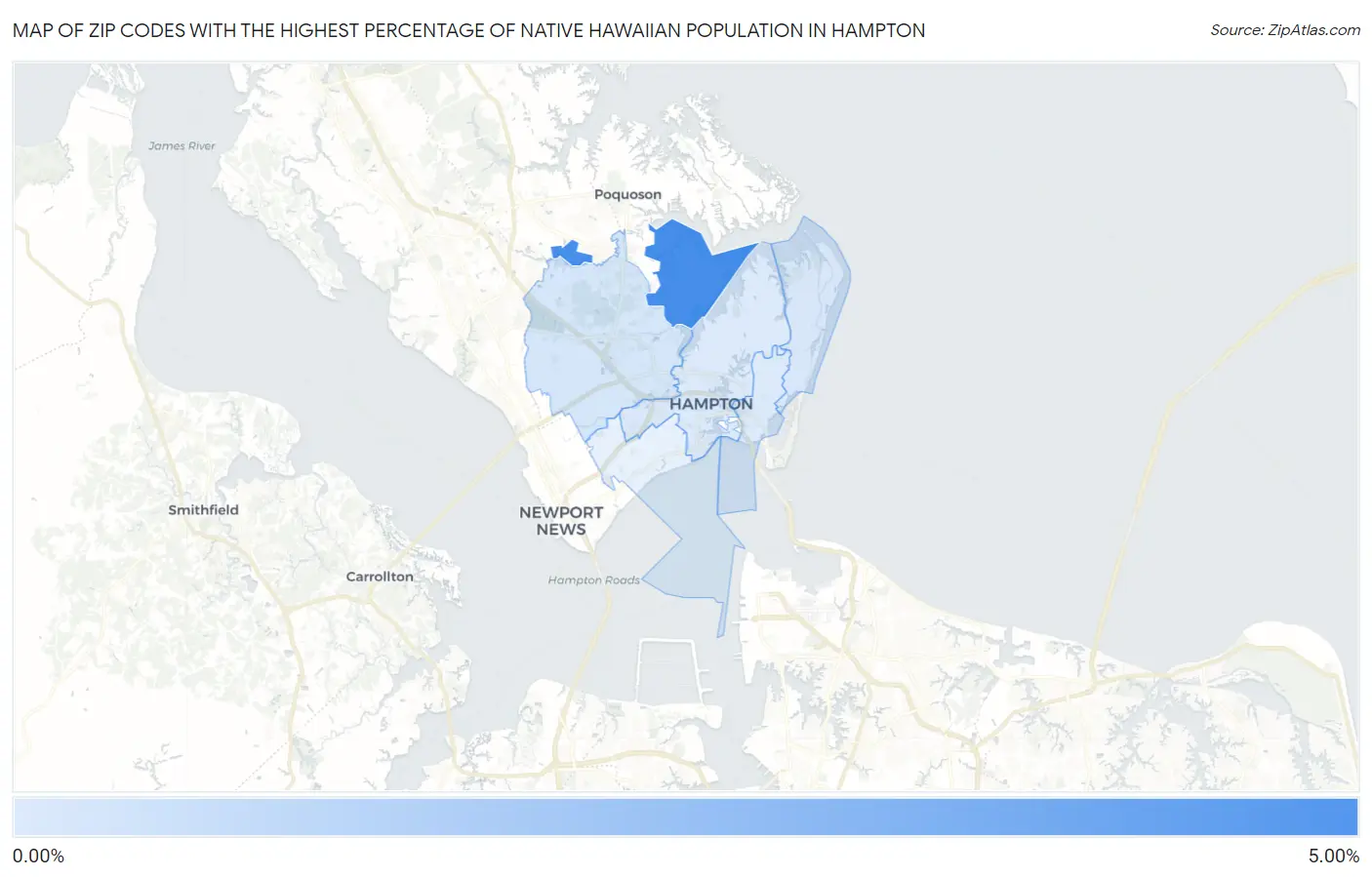 Zip Codes with the Highest Percentage of Native Hawaiian Population in Hampton Map