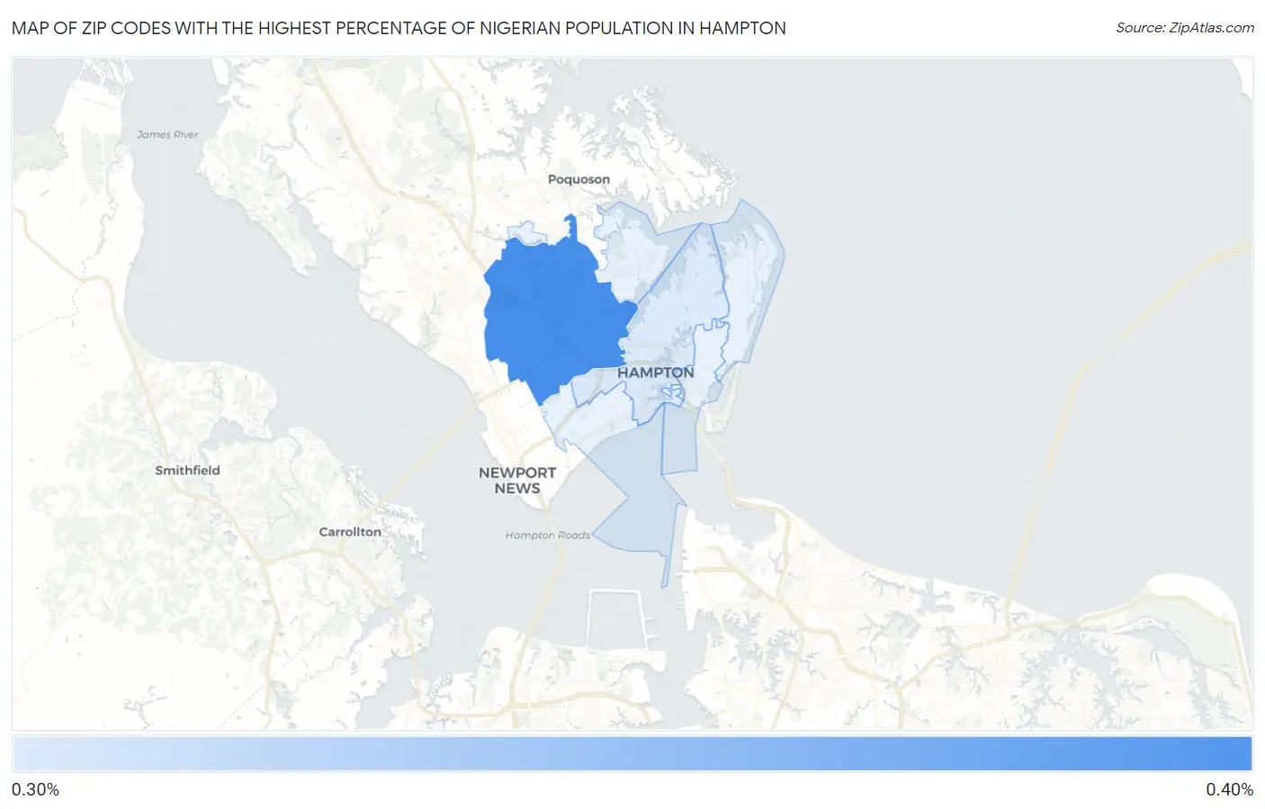 Zip Codes with the Highest Percentage of Nigerian Population in Hampton Map
