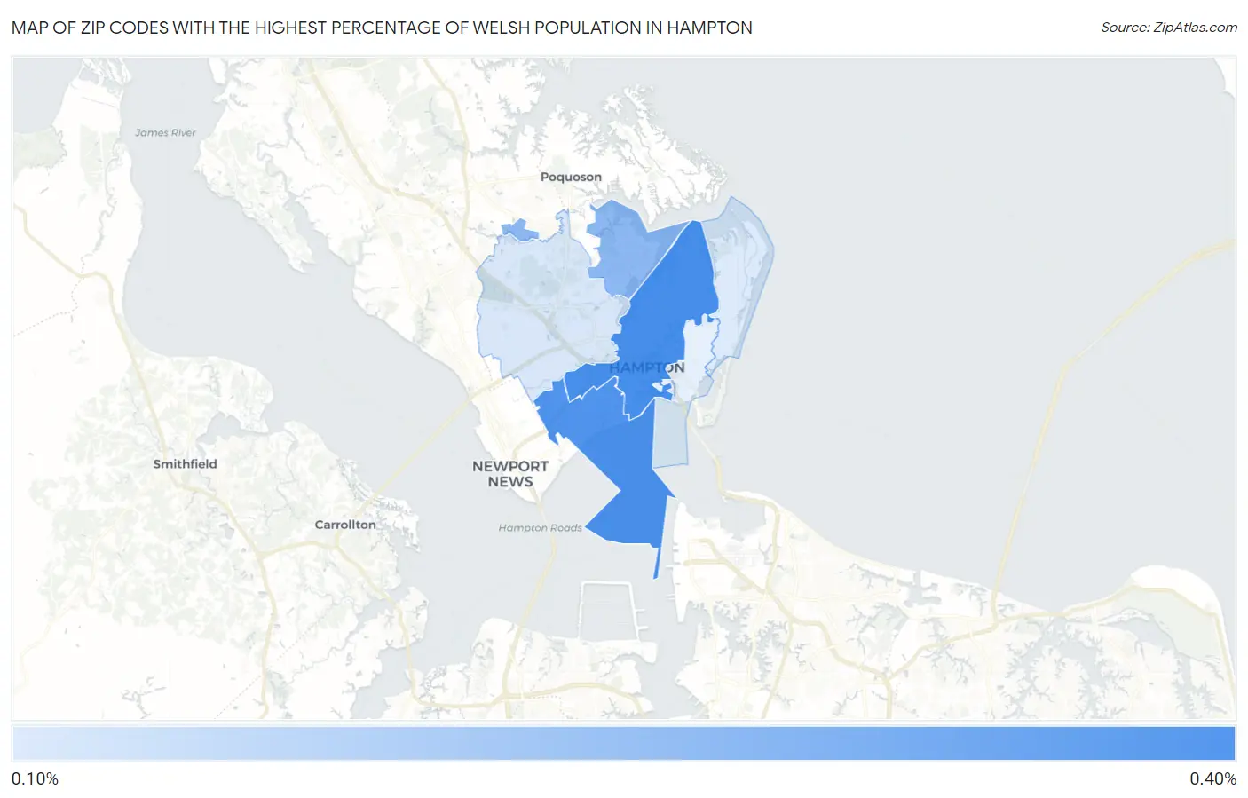 Zip Codes with the Highest Percentage of Welsh Population in Hampton Map