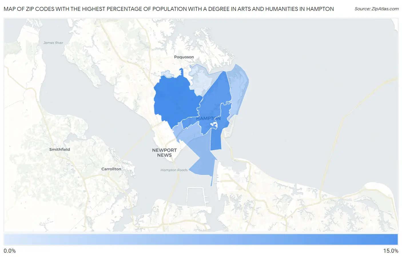 Zip Codes with the Highest Percentage of Population with a Degree in Arts and Humanities in Hampton Map