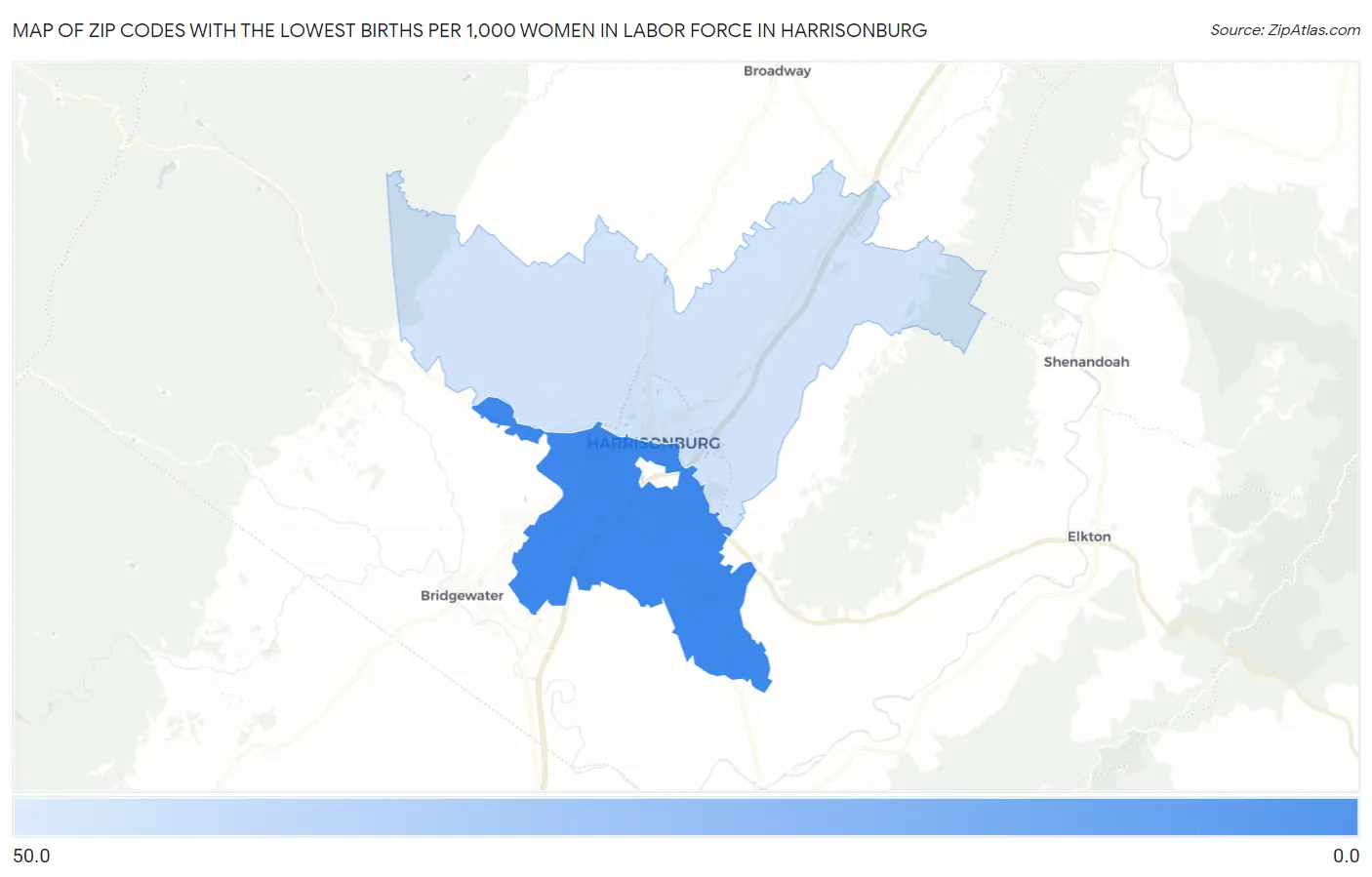 Zip Codes with the Lowest Births per 1,000 Women in Labor Force in Harrisonburg Map