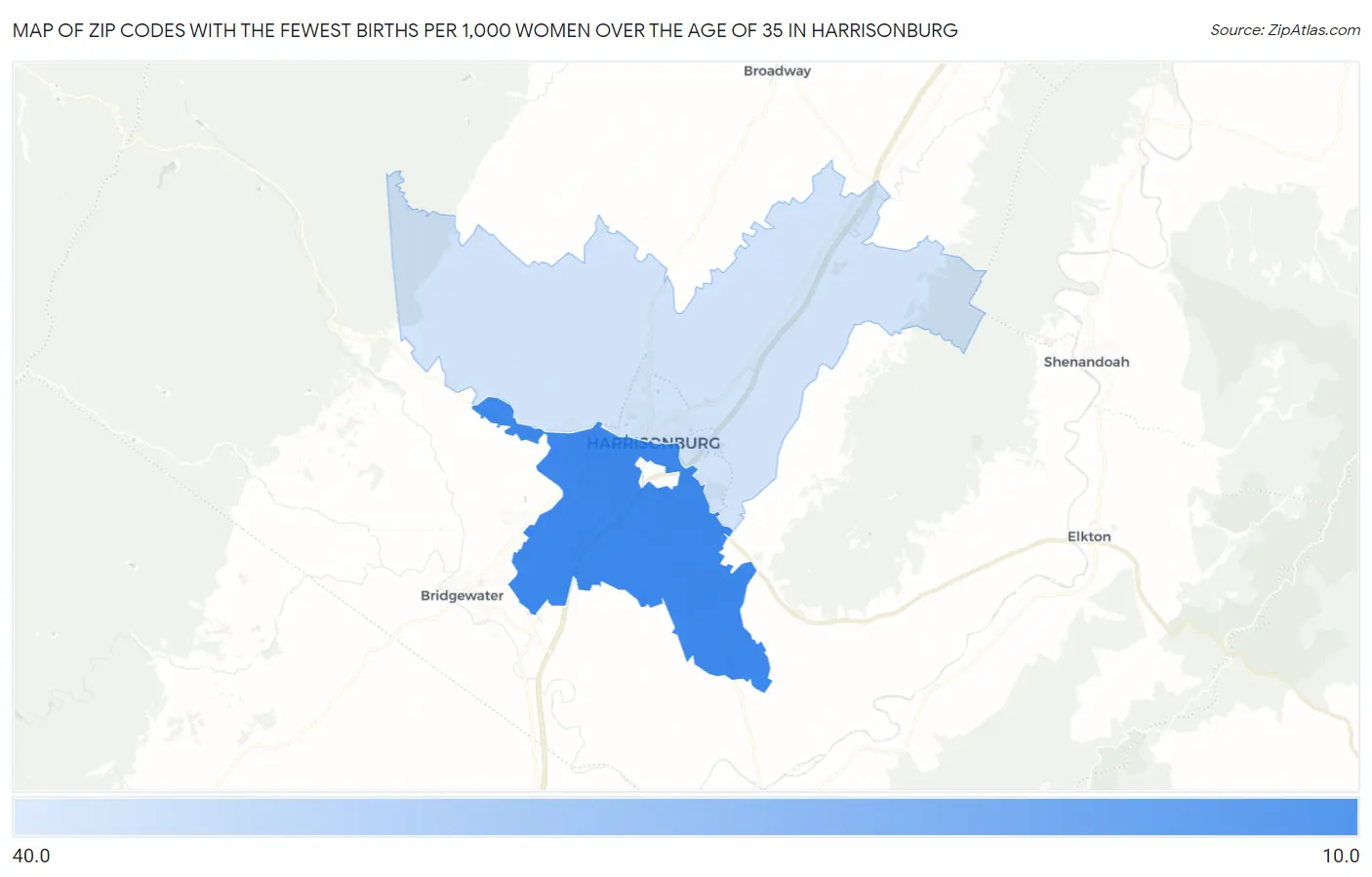Zip Codes with the Fewest Births per 1,000 Women Over the Age of 35 in Harrisonburg Map
