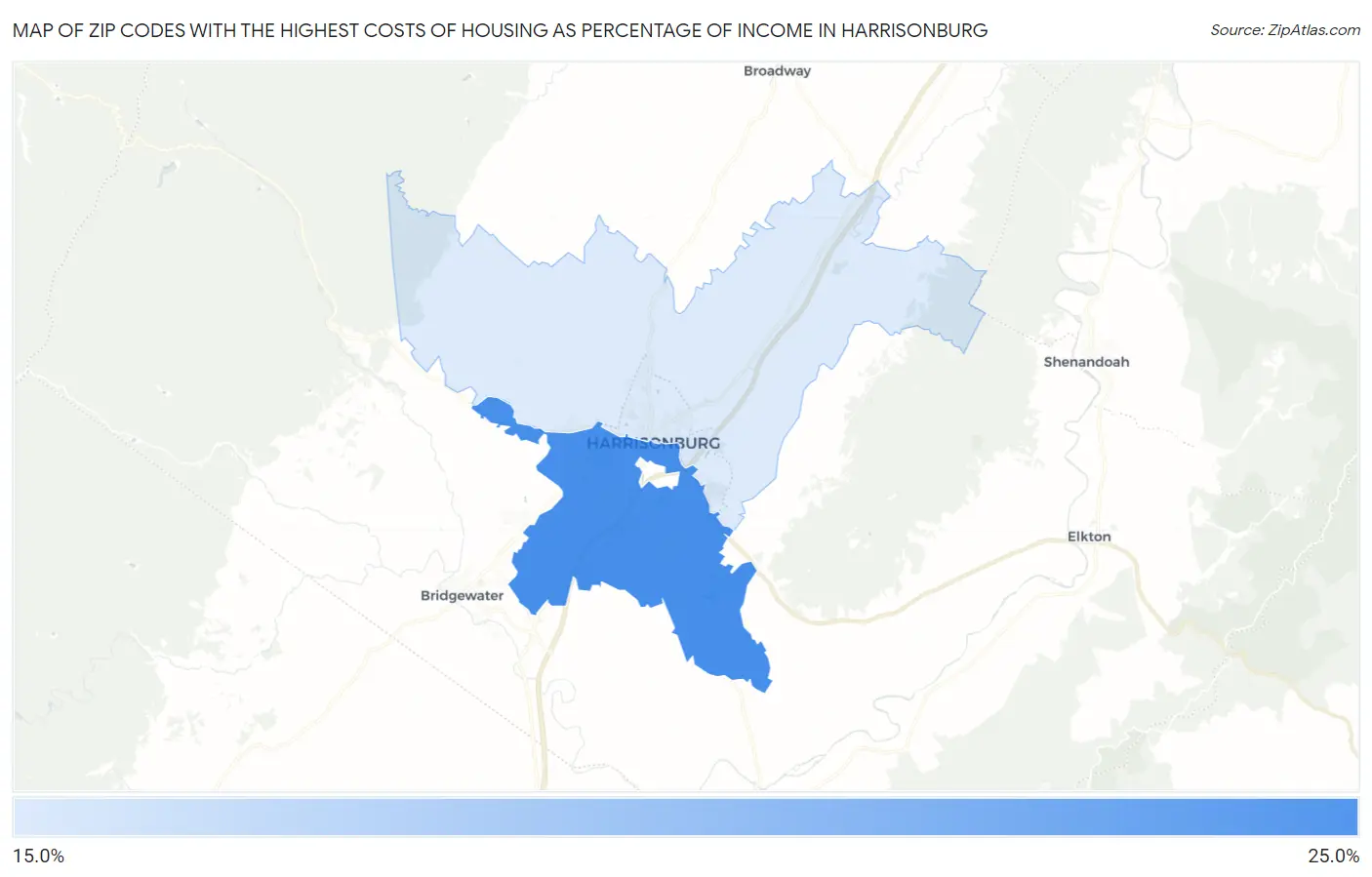 Zip Codes with the Highest Costs of Housing as Percentage of Income in Harrisonburg Map