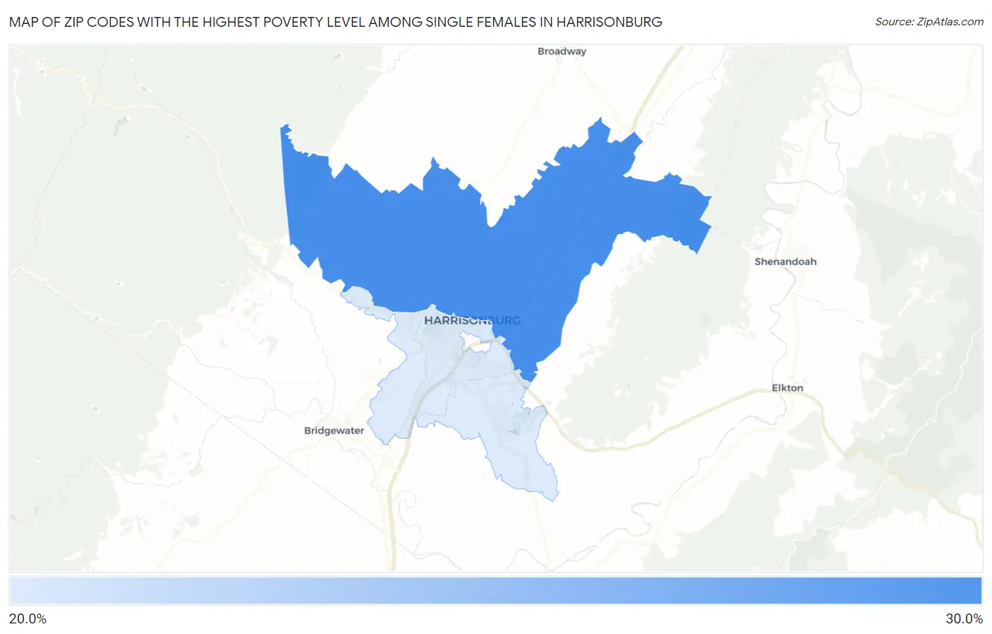 Zip Codes with the Highest Poverty Level Among Single Females in Harrisonburg Map
