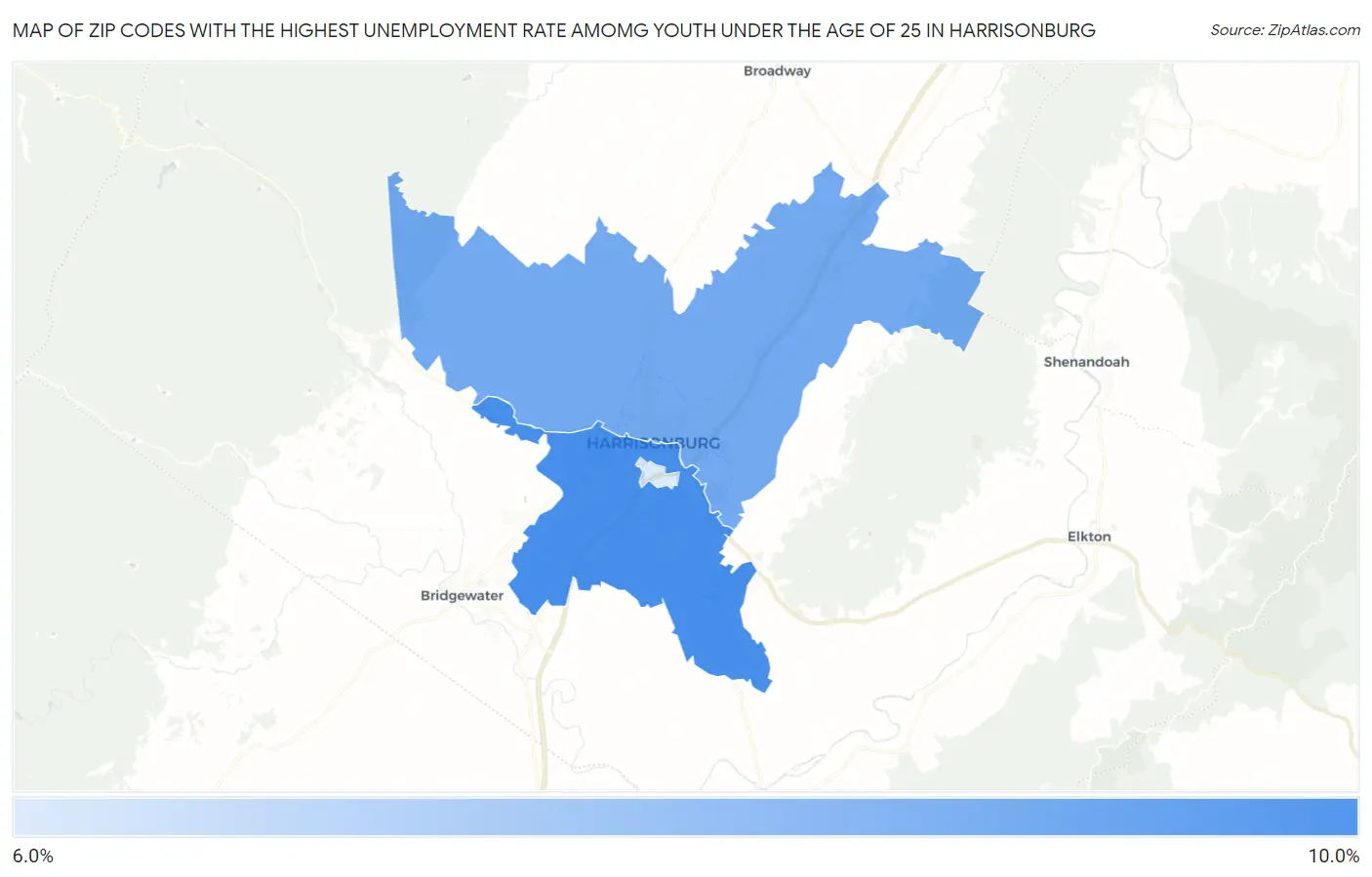 Zip Codes with the Highest Unemployment Rate Amomg Youth Under the Age of 25 in Harrisonburg Map