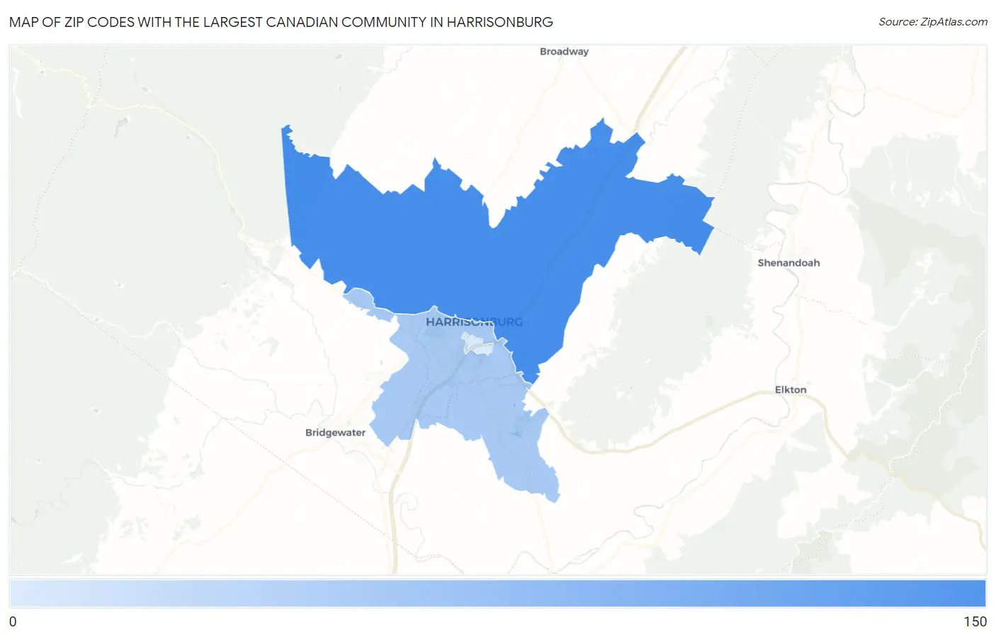 Zip Codes with the Largest Canadian Community in Harrisonburg Map
