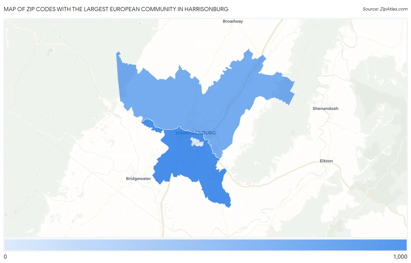 Zip Codes with the Largest European Community in Harrisonburg Map