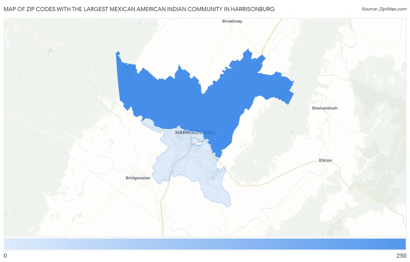 Zip Codes with the Largest Mexican American Indian Community in Harrisonburg Map