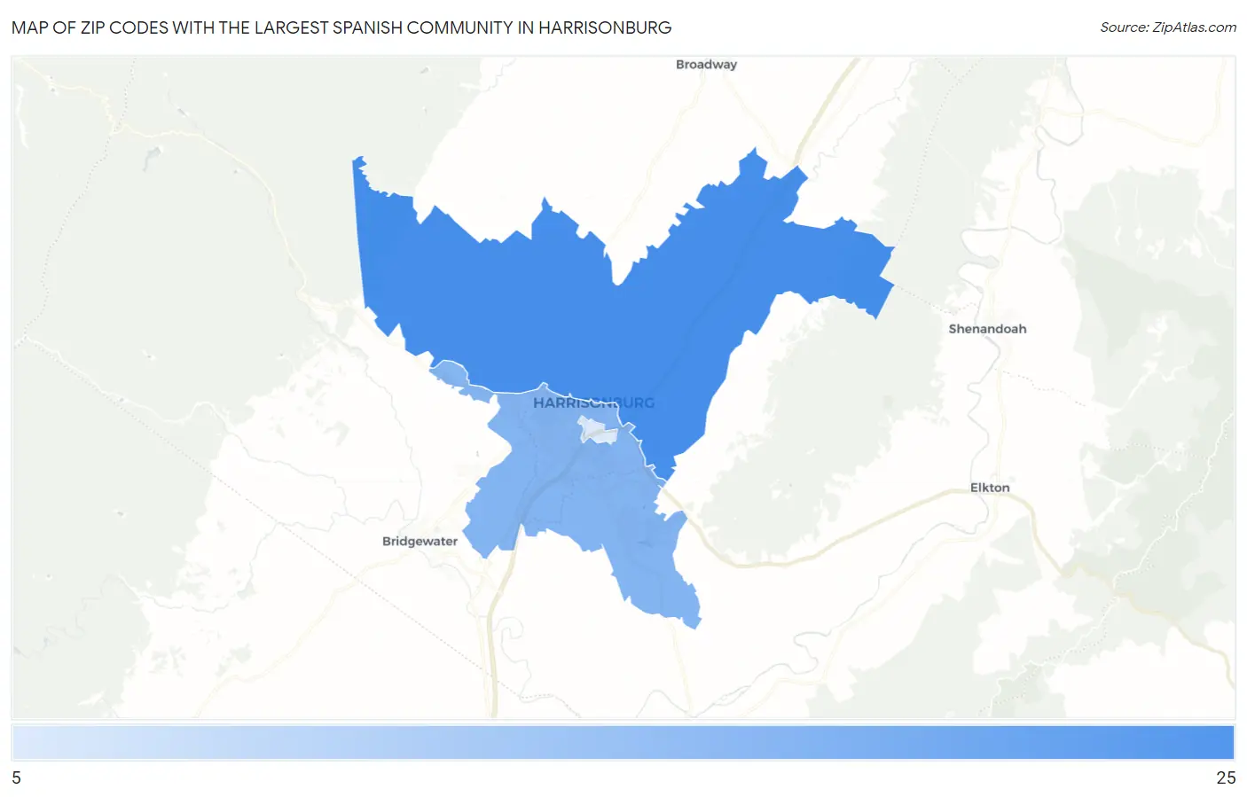 Zip Codes with the Largest Spanish Community in Harrisonburg Map