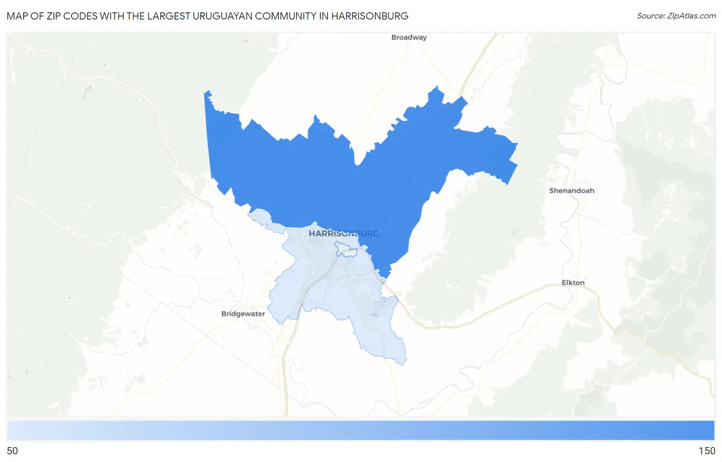 Zip Codes with the Largest Uruguayan Community in Harrisonburg Map