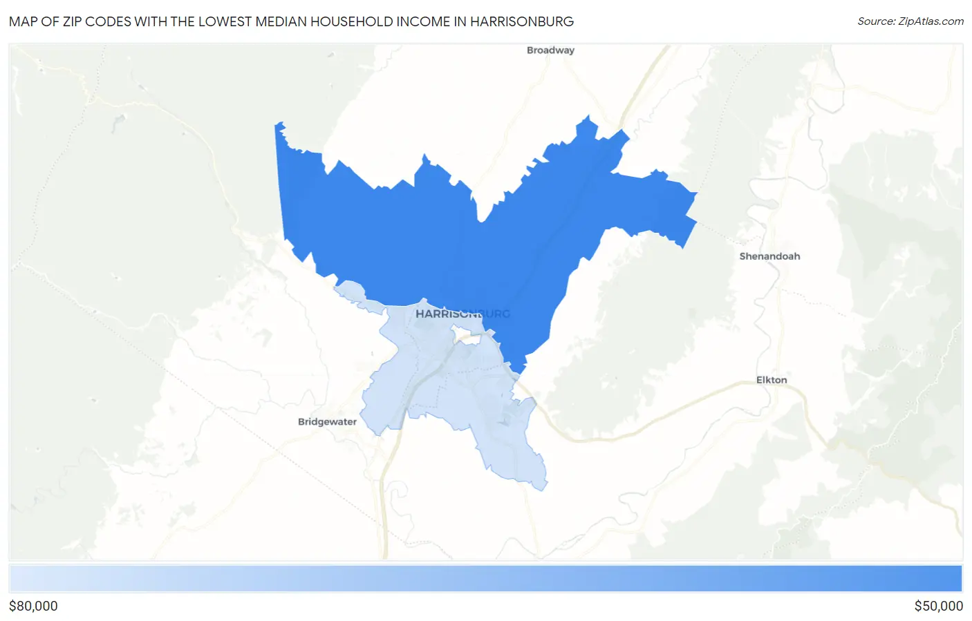 Zip Codes with the Lowest Median Household Income in Harrisonburg Map