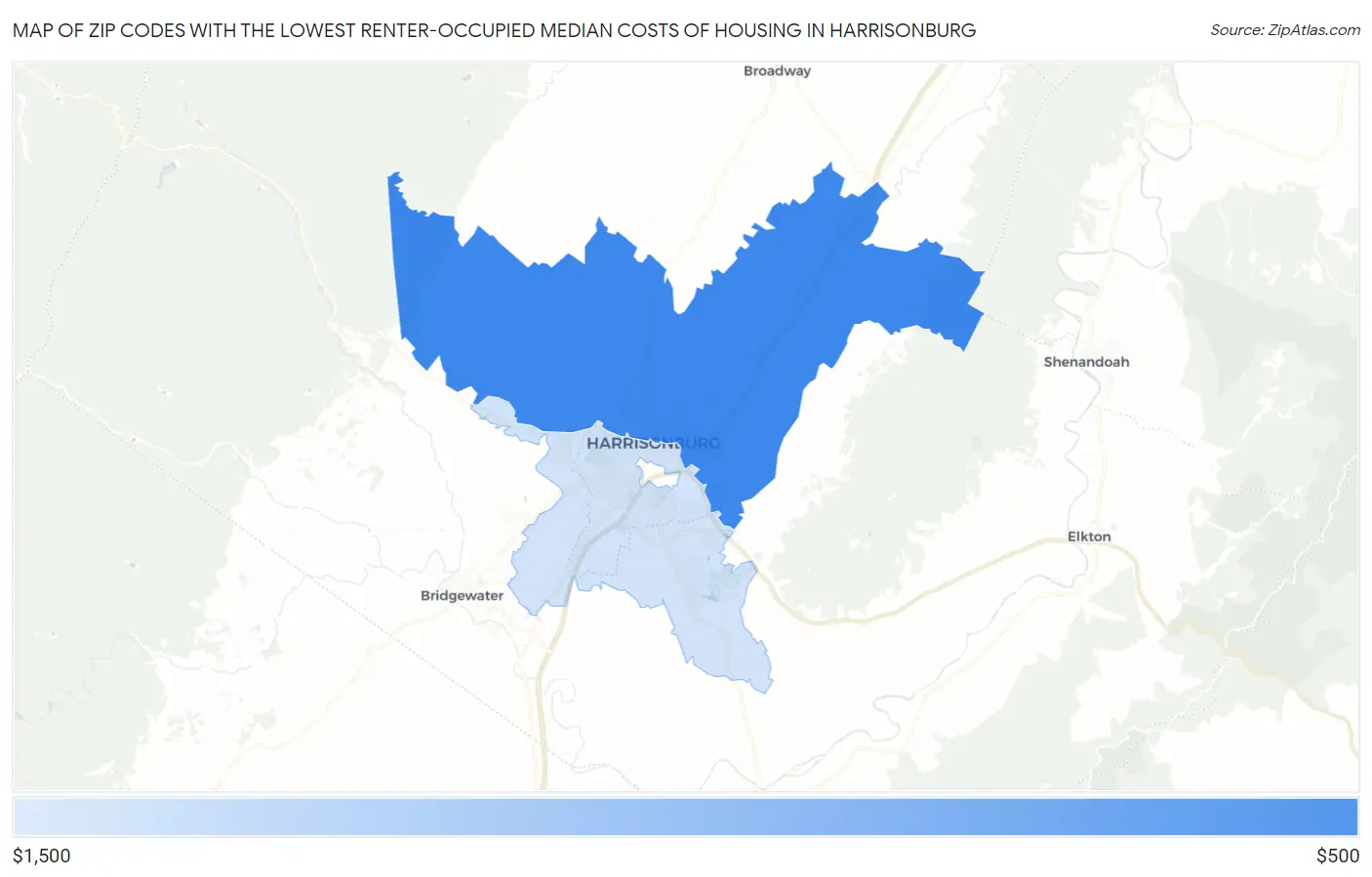 Zip Codes with the Lowest Renter-Occupied Median Costs of Housing in Harrisonburg Map