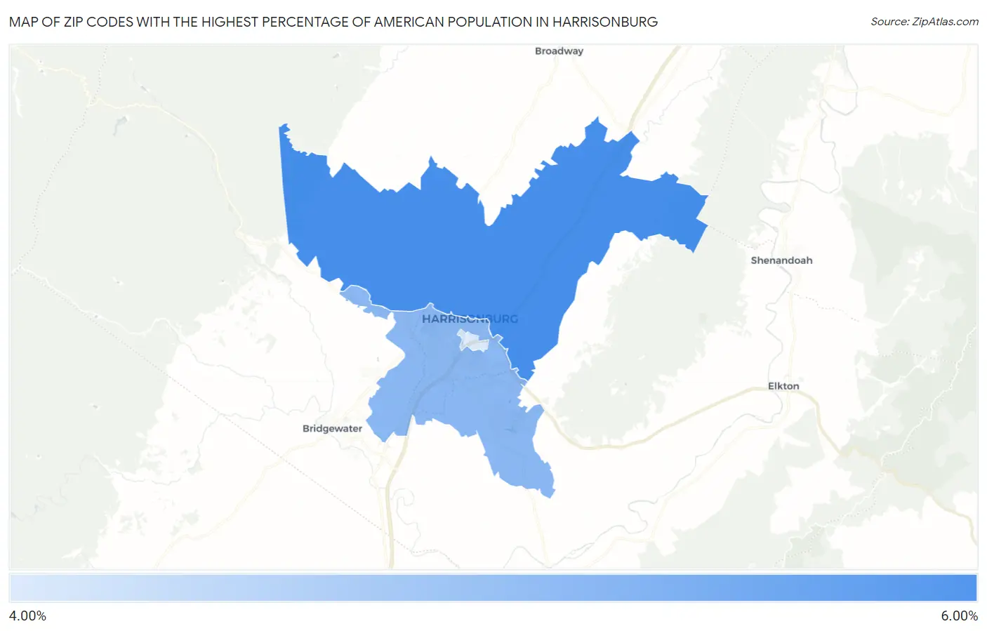 Zip Codes with the Highest Percentage of American Population in Harrisonburg Map