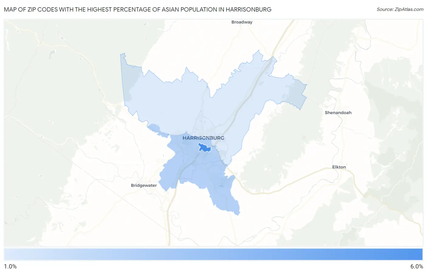 Zip Codes with the Highest Percentage of Asian Population in Harrisonburg Map