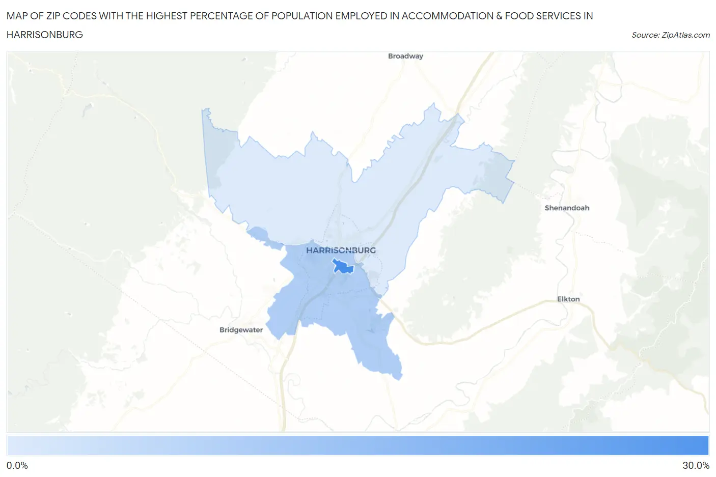 Zip Codes with the Highest Percentage of Population Employed in Accommodation & Food Services in Harrisonburg Map