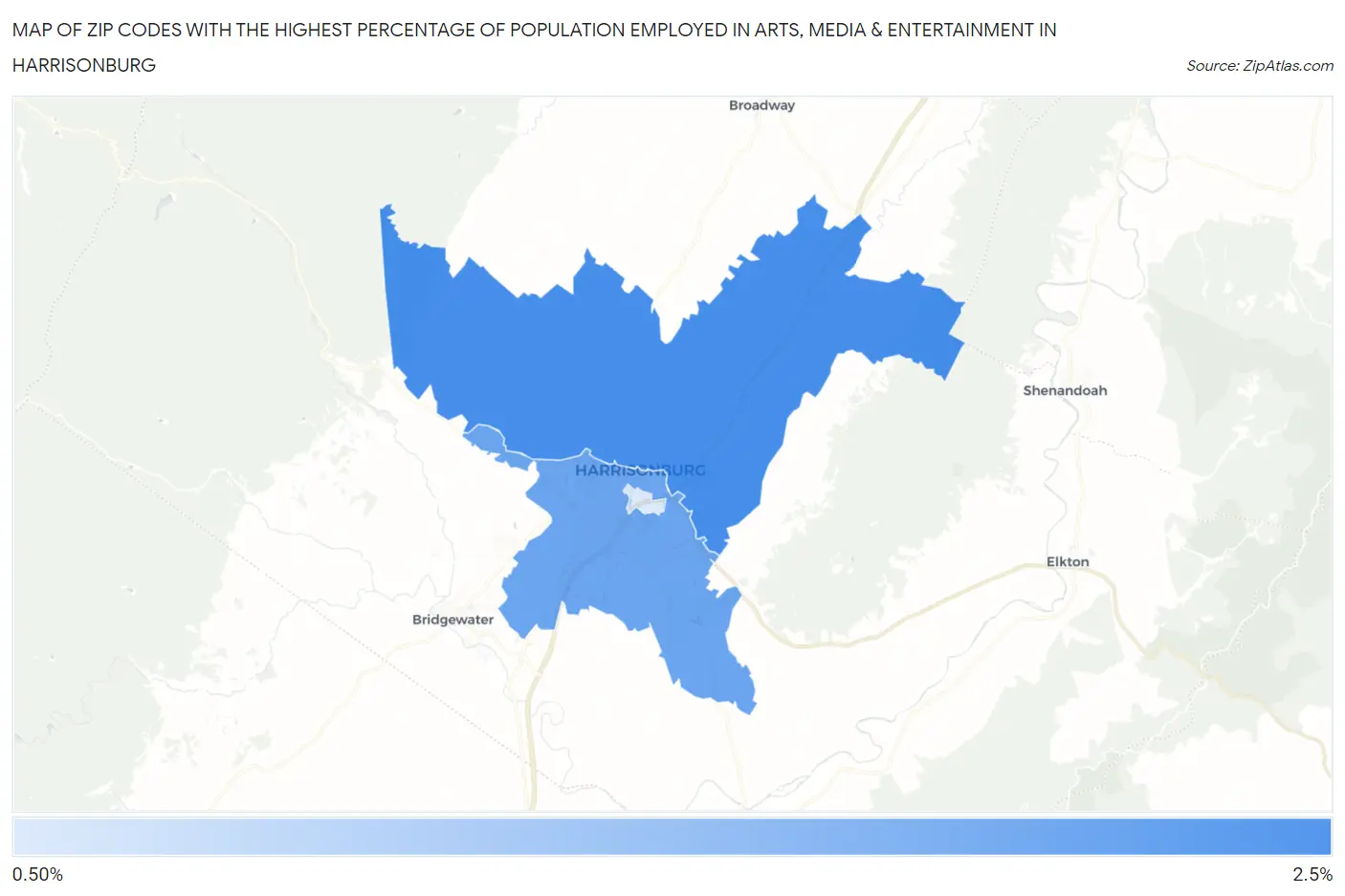 Zip Codes with the Highest Percentage of Population Employed in Arts, Media & Entertainment in Harrisonburg Map