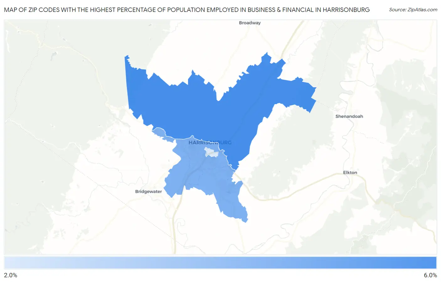 Zip Codes with the Highest Percentage of Population Employed in Business & Financial in Harrisonburg Map