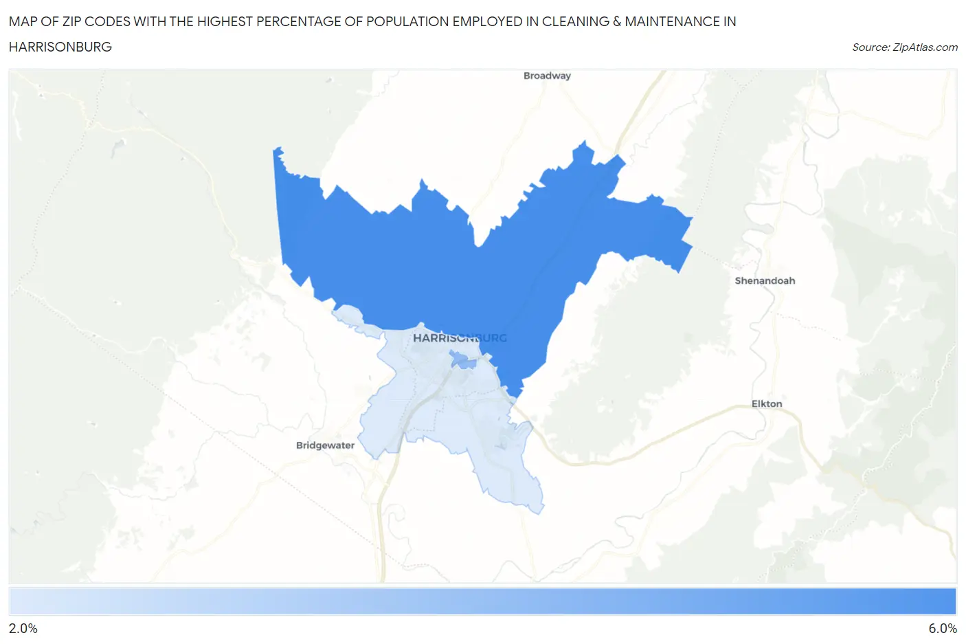 Zip Codes with the Highest Percentage of Population Employed in Cleaning & Maintenance in Harrisonburg Map