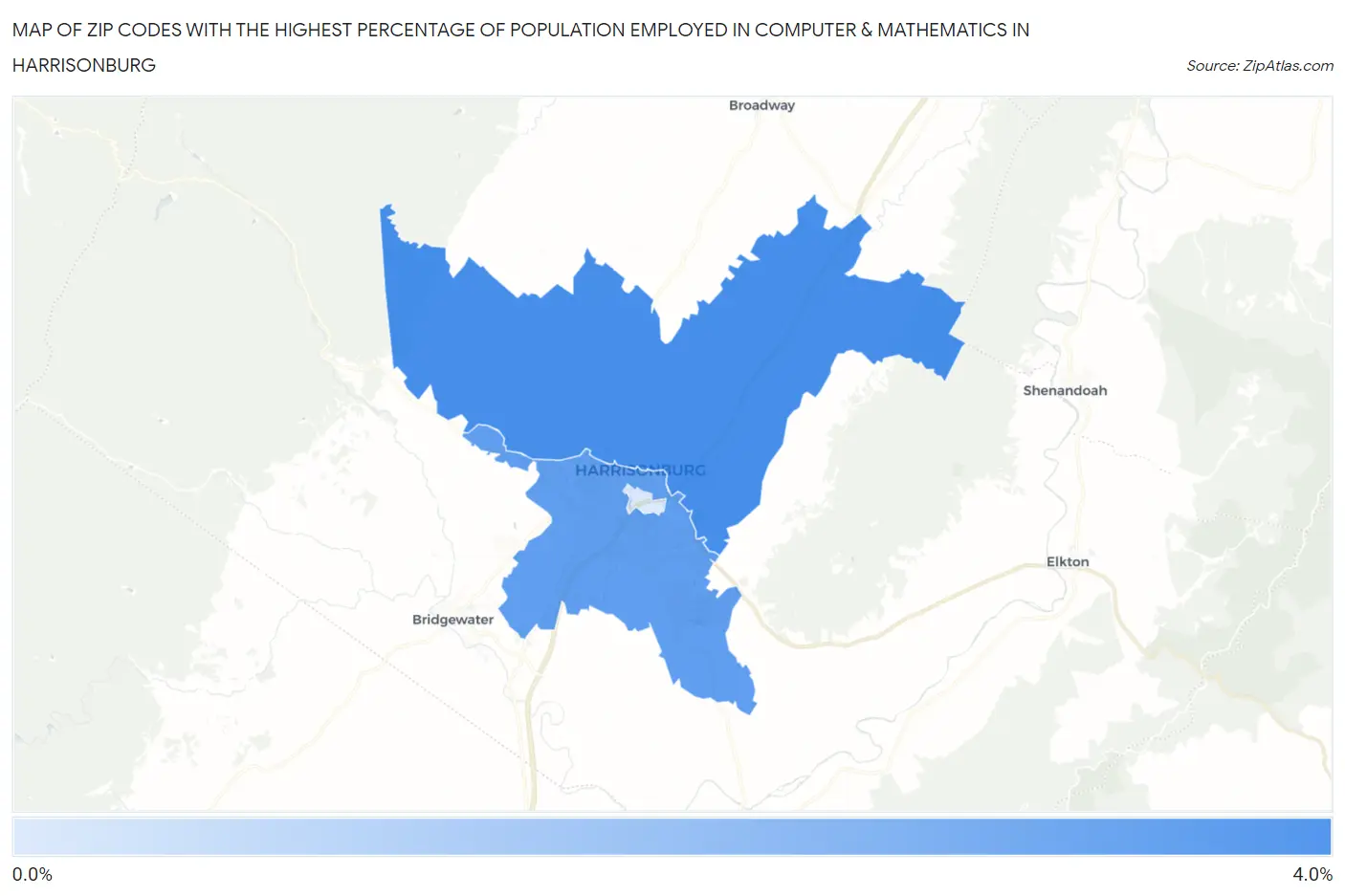 Zip Codes with the Highest Percentage of Population Employed in Computer & Mathematics in Harrisonburg Map