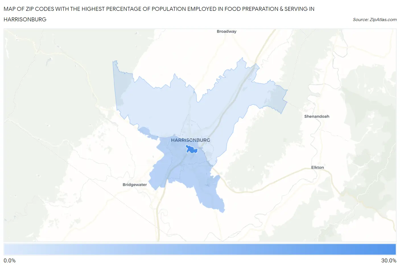 Zip Codes with the Highest Percentage of Population Employed in Food Preparation & Serving in Harrisonburg Map