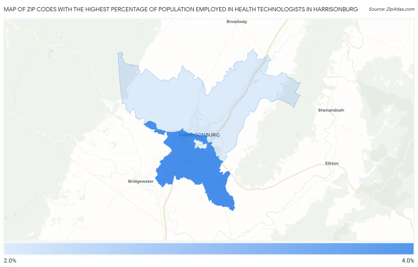Zip Codes with the Highest Percentage of Population Employed in Health Technologists in Harrisonburg Map