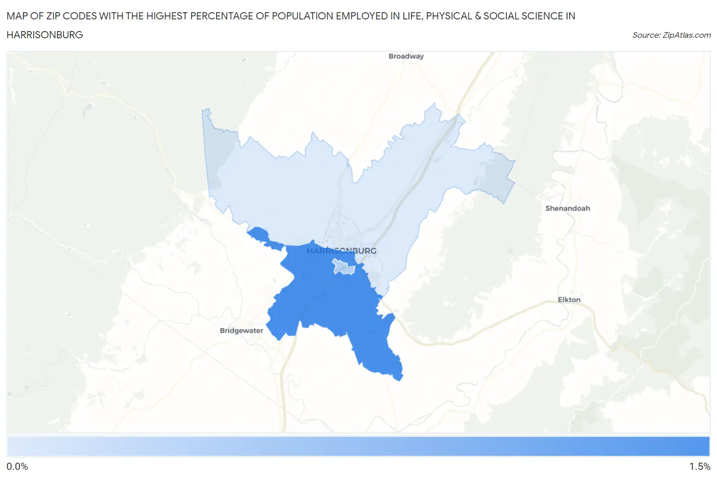 Zip Codes with the Highest Percentage of Population Employed in Life, Physical & Social Science in Harrisonburg Map