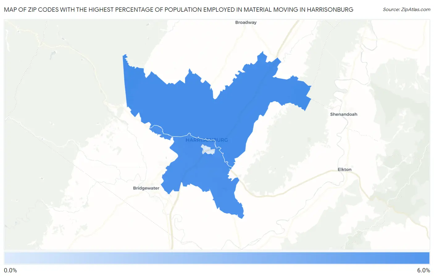 Zip Codes with the Highest Percentage of Population Employed in Material Moving in Harrisonburg Map